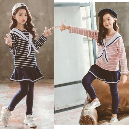 Girls Clothing Sets Autumn Stripe Sailor Style Fashion Suit For Girl Full Sleeve Shirt + Pants Clothes Set Kids Birthday Present