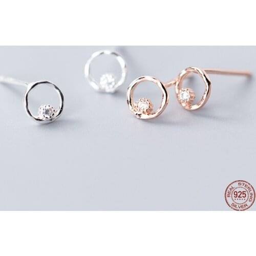 LKO 925 Sterling Silver Stud Earrings Simple Small Fresh Lnlaid Zircon Hollow Out Round For Women Fine Charm Jewelry Ornaments