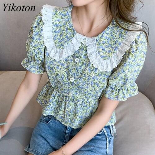 Fashion Doll Collar Floral Blouse Femme Summer Petal Sleeve Women Vintage Shirts 2021 Casual Woman Top Plus Size Tops Blusas