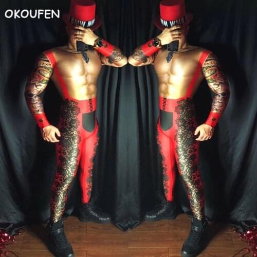 Nightclub Male DJ Singer ds costumes sexy Red Perspective costumes Party show stage Jazz dance wear