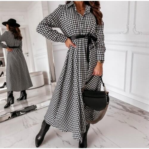 Nowsaa Plaid Dress Women Vintage Autumn Long Sleeve Belt High Waist Turn Down Collar Midi Maxi Dresses Elegant Long Vestdos