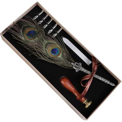 Luxury Vintage Feather Quill Dip Calligraphy Fountain Pen Writing Ink 5 Nibs Set