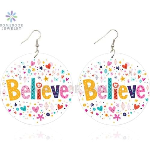 SOMESOOR Believe Keep Going African Wooden Drop Earrings Positive Sayings Both Sides Printed Loops Dangle For Gifts Women Gifts