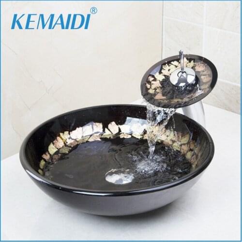 KEMAIDI Bathroom Basin Victory Hand Washbasin Tempered Glass Basin Sink With Brass Faucet Tempered Glass Bathroom Sink Set