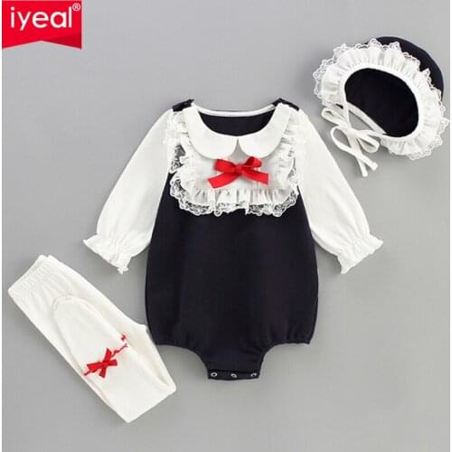 IYEAL Spring Children Baby Clothing Newborn Lace Baby Girls Clothes Infant Bodysuit+Hat+tight 3Pcs/set Jumpsuit Playsuit Outfits