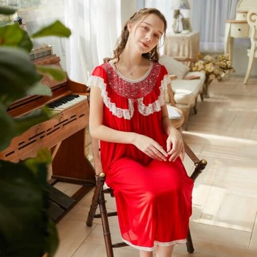 Wasteheart Women Homewear Female Red Pink Sexy Sleepwear Nightdress Long Lace O Neck Nightwear Nightgown Sleepwear