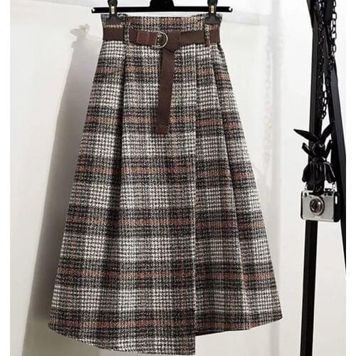 Office Lady Woolen Winter Thicken Umbrella Skirt New Autumn 2021 Plaid Asymmetrical Long Skirt Women Plus Size A-LINE Skirt
