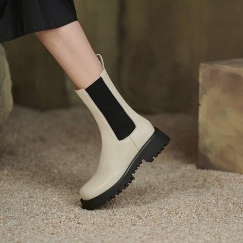 Genuine Leather Women Boots Fashion Slip-On Chelsea Boots Round Toe Thick Heel Platform Boots Handmade Women Shoes ANKLE Boots