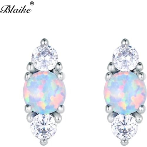 Blaike 925 Sterling Silver Round White Blue Fire Opal Earrings For Women Small Zircon Birthstone Double Earrings Female Jewelry
