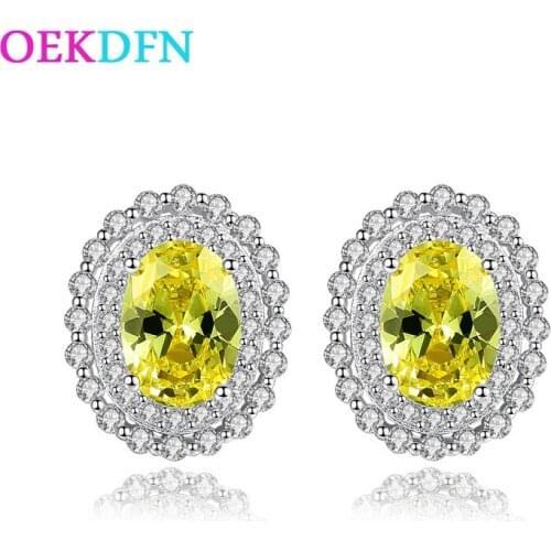 OEKDFN Vintage 925 Sterling Silver Stud Earrings Women Oval Citrine Gemstone Diamonds White Gold Earrings Ear Studs Fine Jewelry