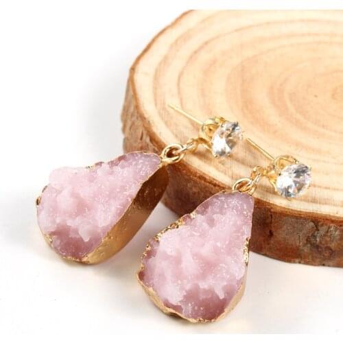 1Pair Female Druzy Stone Earrings For Women Jewelry Crystal Drusy Resin Pink Dangle Earings Eardrop Christmas Earing E154
