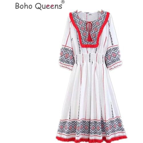 Boho Queens vestidos Boho dress Linen cotton Floral embroidery beach Bohemian midi Ladies tassel Summer