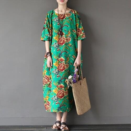 2019 New Women Cotton Linen Summer Style Robe Dress Print Plus size Retro Floral print Half Sleeve Batwing Loose Mid-calf Casual