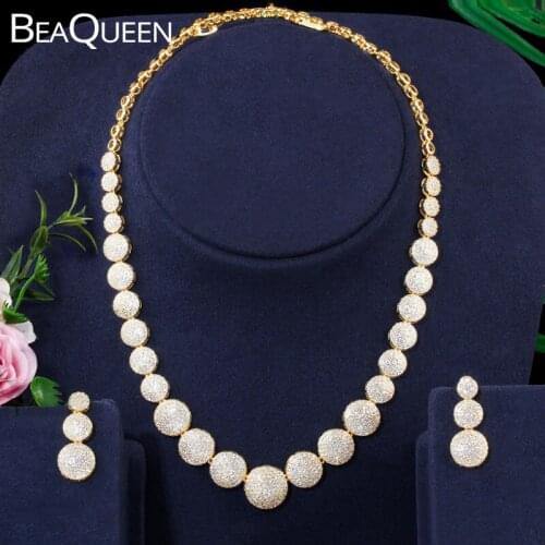 BeaQueen Gorgeous Yellow Gold Color Wedding Party Dress Jewellery Round Drop Bridal CZ Earrings Necklace Jewelry Sets JS219