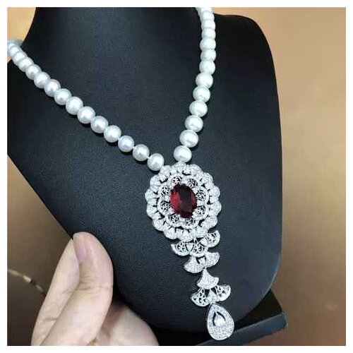 Freshwater pearl white near round 10-11mm red zircon pendant necklace 18inch wholesale nature beads for xmas gift