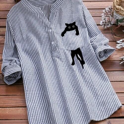 Blue Striped Blouses Tops Women Blouses 2021Long Sleeve Shirts Female Cute Cats Embroidery Shirts Long Sleeve Casual Shirts Tops