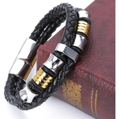Genuine Black Leather Wristband Stainless Steel Gold Chain Bracelet 8.66'' Top Selling