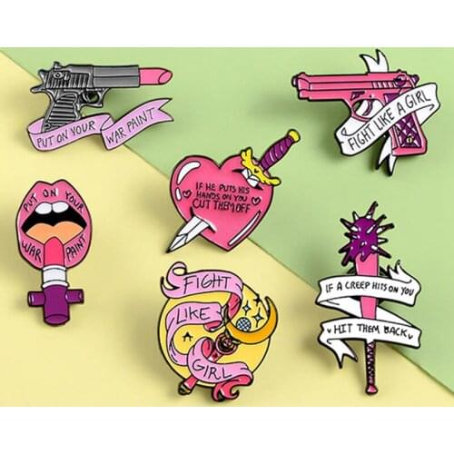 Enamel Pins Custom Lipstick Gun Magic Wand Brooches Lapel Pin Shirt Bag Pink Badges Feminist Jewelry Gift
