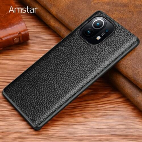 Amstar Natural Cowhide Leather Phone Cover for Xiaomi 11 10 Pro Full-wrapped Anti-fall Real Leather Case for Xiaomi 10 Ultra