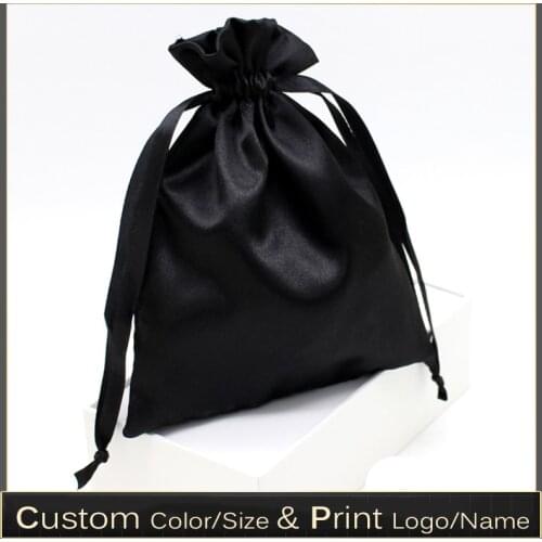 Black Silk Satin Hair Extensions Custom Logo Bag Ribbon Drawstring Shoes Cloth Cosmetic Wigs Storage Packaging Bags Wholesale