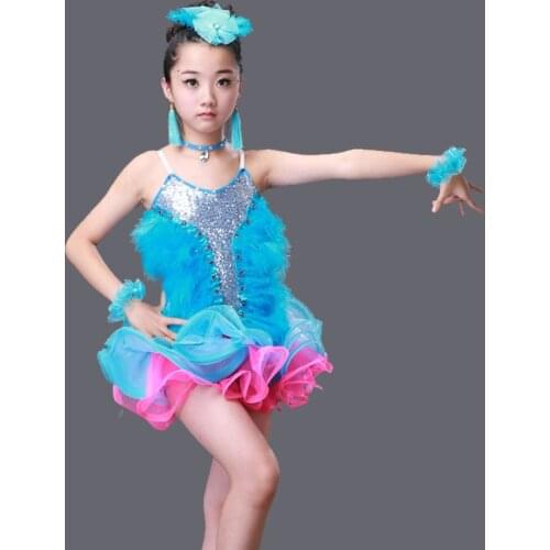 Childrens dance clothes new girls feathers Latin dance costumes childrens game strap dress fluffy skirt performance clothing
