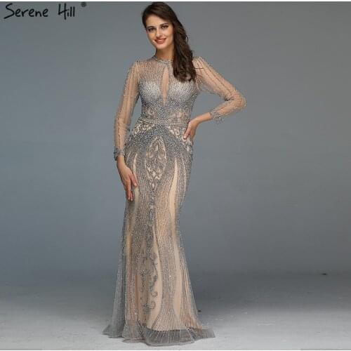 Dubai Long Sleeves Grey Luxury Evening Dresses O-Neck Full Diamond Mermaid Formal Dress 2020 Serene Hill Plus Size LA70116