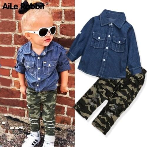 2019 INS Girls Fashion Clothes Set Denim Jacket Camouflage Pants 2 Piece Set Autumn New Long-sleeved Shirt Coat For Girls