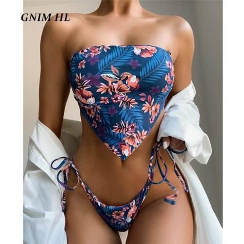 GNIM Sexy Bandeau Swimsuit Women 2 Pieces Bikini Mujer 2021 Floral Print Bandage Micro Swimwear Backless Beach Wear Bathing Suit
