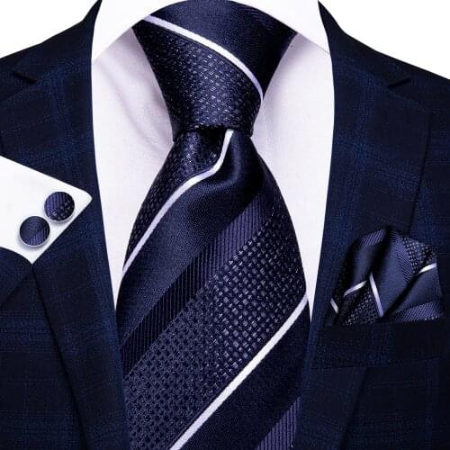 Hi-Tie Navy Blue White Striped Silk Wedding Tie For Men Handky Cufflink Set Fashion Designer Gift For Men Necktie Business Party