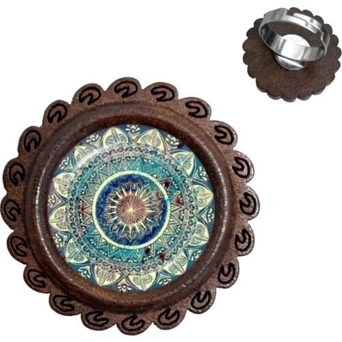 Classic Mandala Art Picture Wood Rings Henna Yoga Om Symbol Zen Buddhism Glass Cabochon Dome Adjustable Rings For Women Girls