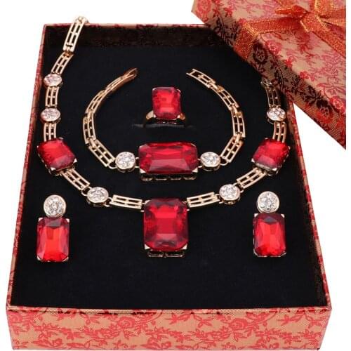 Fashion Jewelry Sets Women Gold Color Crystal Gem Wedding Bridal Nigerian African Party Necklace Earring Bangle Ring And Boxes