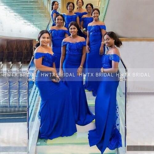 Royal Blue Bridesmaid Dresses Lace Off the Shoulder Long Floor Length African Women Bridal Party Dress Maid Of Honor Gown