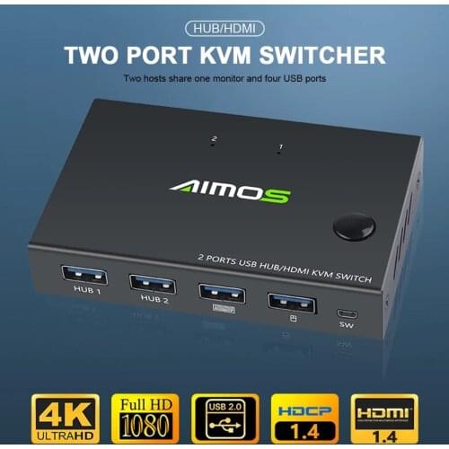 4K KVM Switch Box Video Display USB Switcher Splitter for 2 PC Sharing Keyboard Mouse Printer Plug and Play with Cables