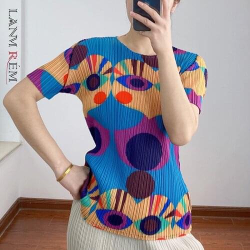 LANMREM Pleated Print Top 2021 Summer New Round Neck Short Sleeve Casual Thin And Versatile T-shirt Female Vintage 2D3912