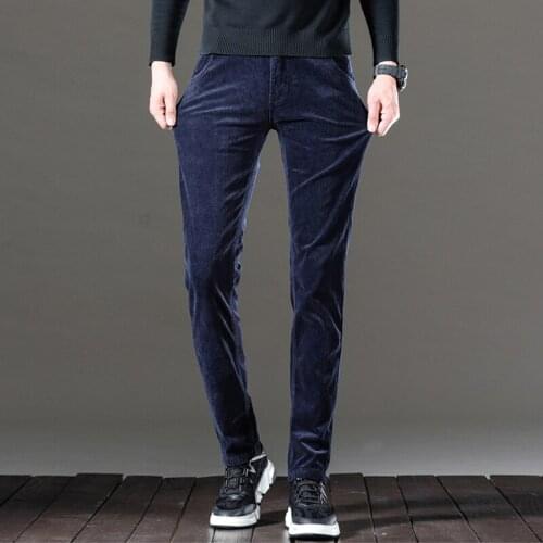 Korean Style Fashion Men Jeans Elastic Slim Fit Casual Business Corduroy Pants Autumn Winter Designer Smart Velvet Warm Trousers