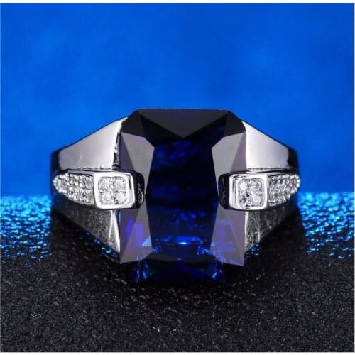 Mens Blue Zircon Finger Ring Princess Cut Blue Crystal Business Ring Engagement Ring Wedding Jewelry Silver Color Rings Gifts