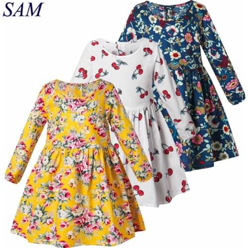 2020 spring and autumn new girls dress long sleeve round neck dresses for kids ins print flower dress for children