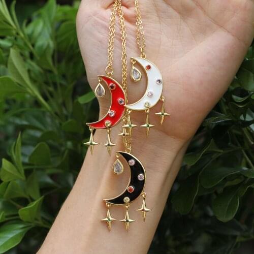 New Trendy Dangle Enameled Tassels Pendant Necklace Metal Copper Link Chain Moon Star Shape Necklaces For Women Jewelry Gift