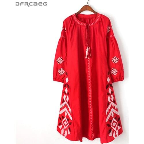Casual O-Neck Boho Dresses For Women 2020 Elegant Embroidered Loose Big Size Vestido Mujer Lace Up Midi T Shirt Dress Red White