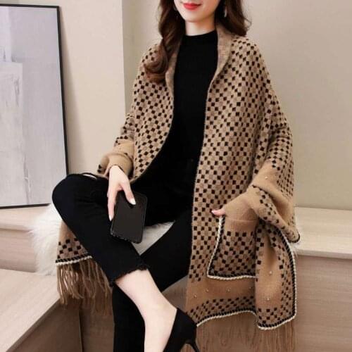 ZJZLL New Popular Winter Women Pearl mink velvet Plaid Shawl With Sleeves Knit Exquisite Pocket Warm Sweater Tassel Poncho Cape