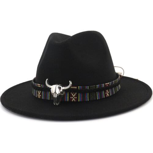 Trend Men Women Wide Brim Faux Wool Felt Wool Fedora Hats with Bull Head Band Cowboy Trilby Cap Unisex Carnival Panama Jazz Cap