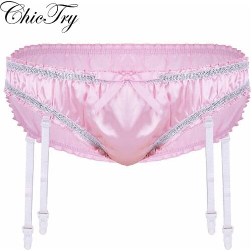 Fashion Male Mens Panties Stretchy Satin Briefs with Garters Lingerie Gay Sissy Thongs Bowknot Jockstraps Bikini Underwear Brief