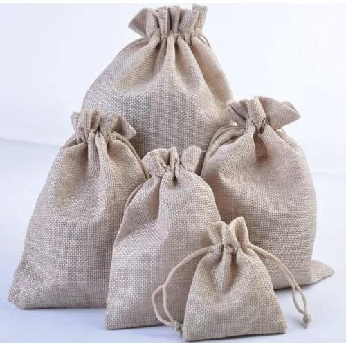 5pcs/lot Vintage Natural Burlap Jute Gift Bags Candy Bags Wedding Favor Pouch Drawstring Jewelry Packaging Bag