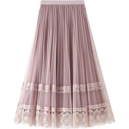 Women Lace Pleated Skirt Long Elastic Waist Skirt Velvet Casual Pleated Skirts