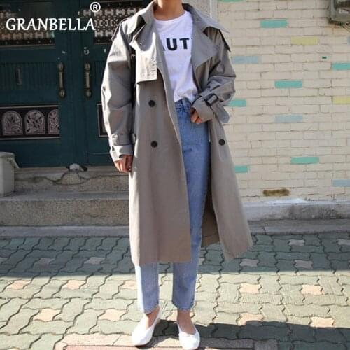 Top Sales Russian Style Grey Khaki Double-breasted Trench Coats Oversized Casual Womens Windbreaker Woman Long Sleeve Outerwear