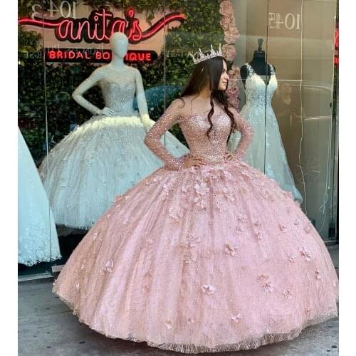 Rose gold long sleeve Quinceanera Dresses Sequined lace-up corset Sweet 16 Dress Prom Gowns Bridal Boutique vestido de 15 anos