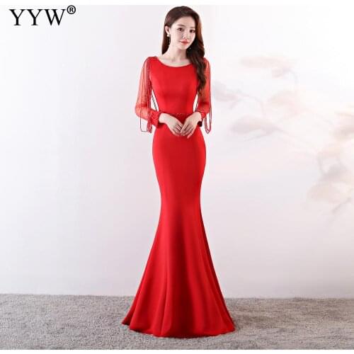 Elegant Celebrity Party Mermaid Dress Women Wine Red Long Sleeve Rhinestone Chain Fishtail Long Party Dress Club Formal Vestidos