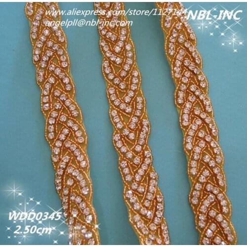 10 yards) Wholesale iron on hand beaded rhinestone gold trim for dress garment sash belt WDD0345