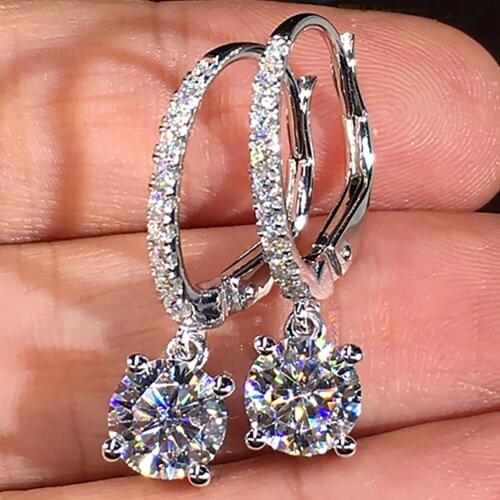 18K Au750 White Gold Women Stud Drop Clip Hoop Earrings Moissanite Diamonds Round Wedding Party Engagement Anniversary Trendy