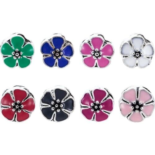 50pcs Alloy Enamel Flower Large Hole Style European Beads for Jewelry Making DIY Mixed Color 10x11mm, Hole: 4mm